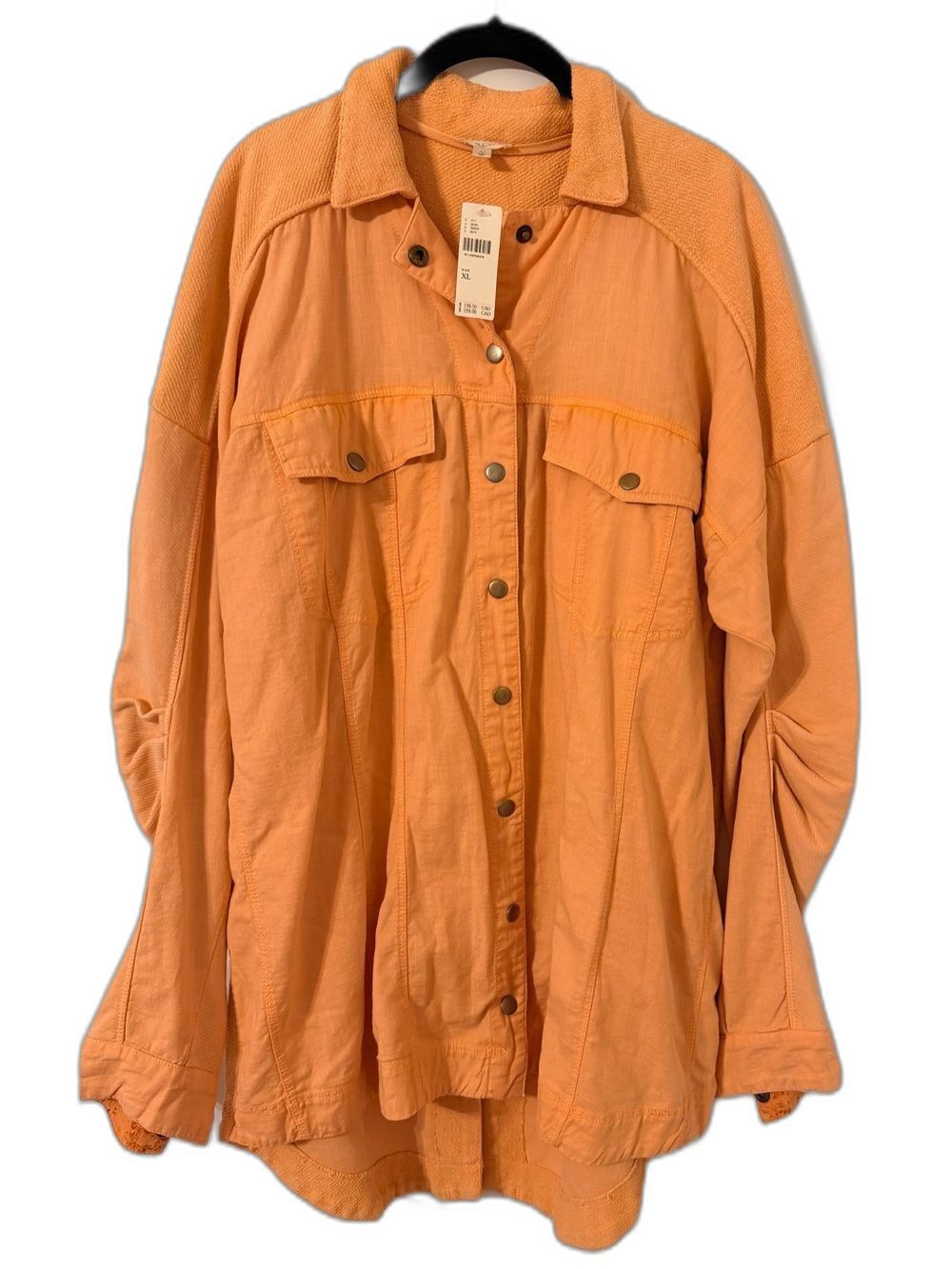 NWT Pilcro Anthropologie Mixed Media Shirt Jacket Peach Ruched Sleeve Shacket XL